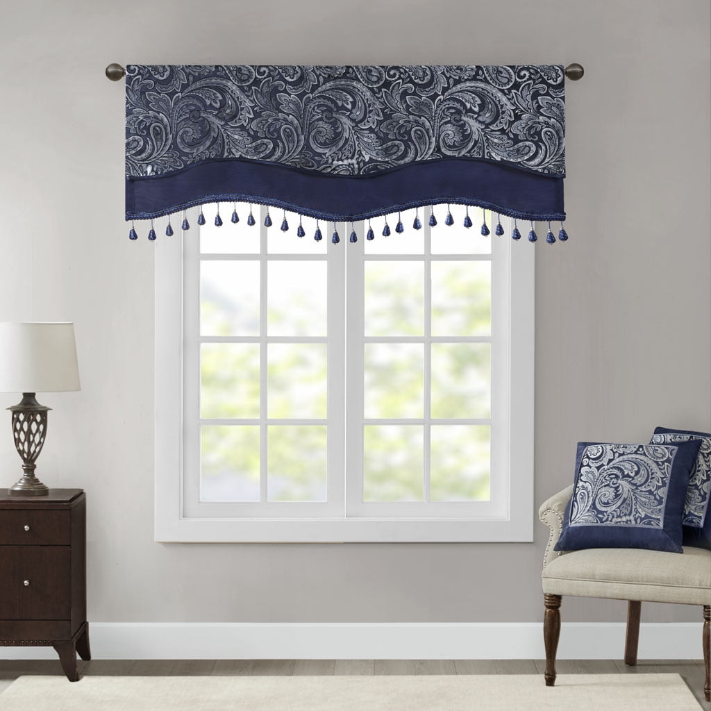 Navy Faux Silk Jacquard Beaded Window Valance