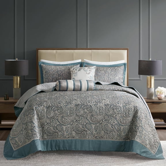 Madison Park Queen Size 5 Piece Jacquard Bedspread Set with Throw Pillows ,Reversible Bed Cover for All Seasons,Teal