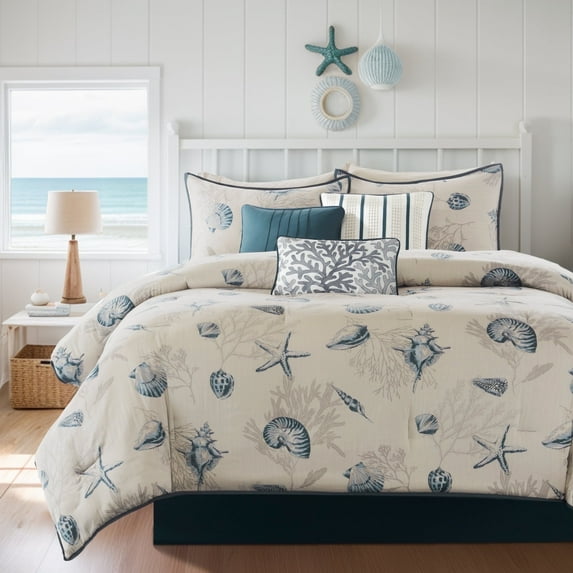 Madison Park Bayside 7-Piece 100 Percent Cotton Printed Comforter Set in Blue