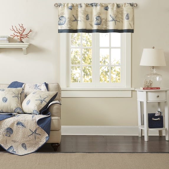 Madison Park Bayside Cotton Seashell Printed Window Valance, Navy, 50x18"