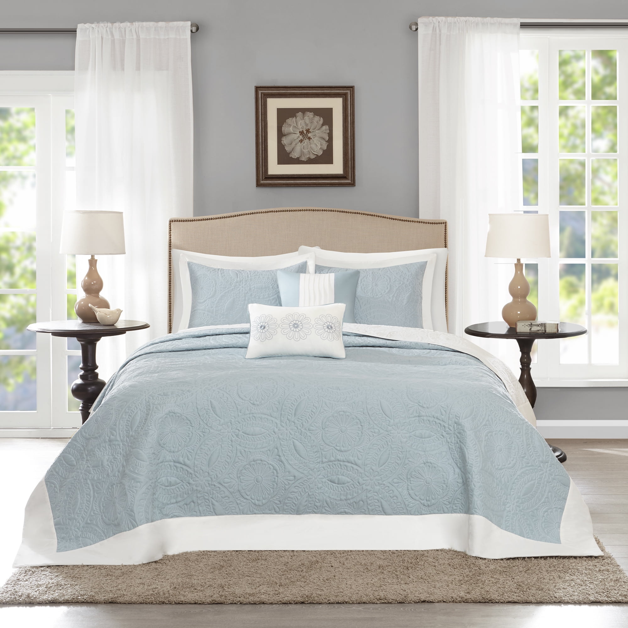 Blue Reversible King Microfiber Bedspread Set with Shams