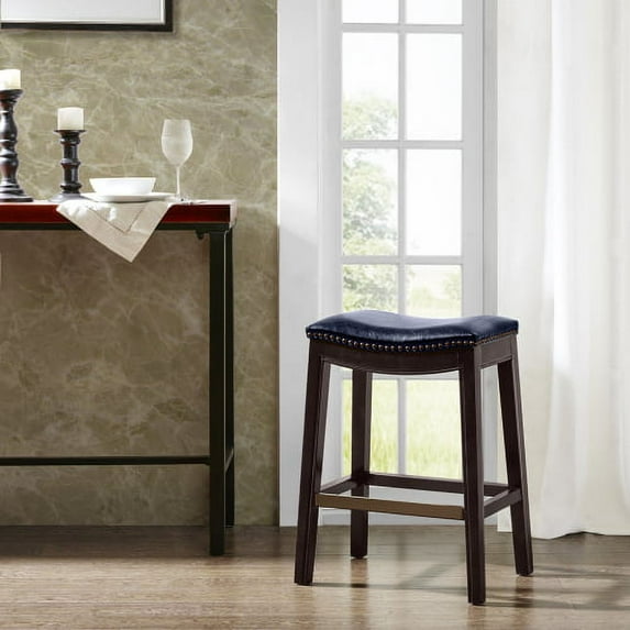 Madison Park Belfast Bar Stools, Contour Fabric Padded Seat, Nail Head Trim, Modern Kitchen Counter Chair, Solid Hardwood Metal Kickplate Footrest, Dining Room Accent Furniture, Navy