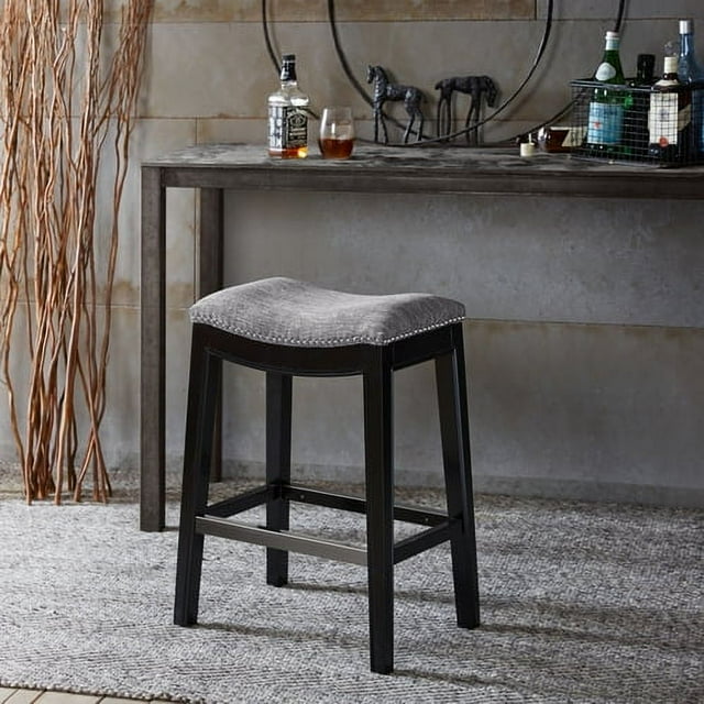 Madison Park Belfast Bar Stools, Contour Fabric Padded Seat, Nail Head Trim, Modern Kitchen Counter Chair, Solid Hardwood Metal Kickplate Footrest, Dining Room Accent Furniture, Gray