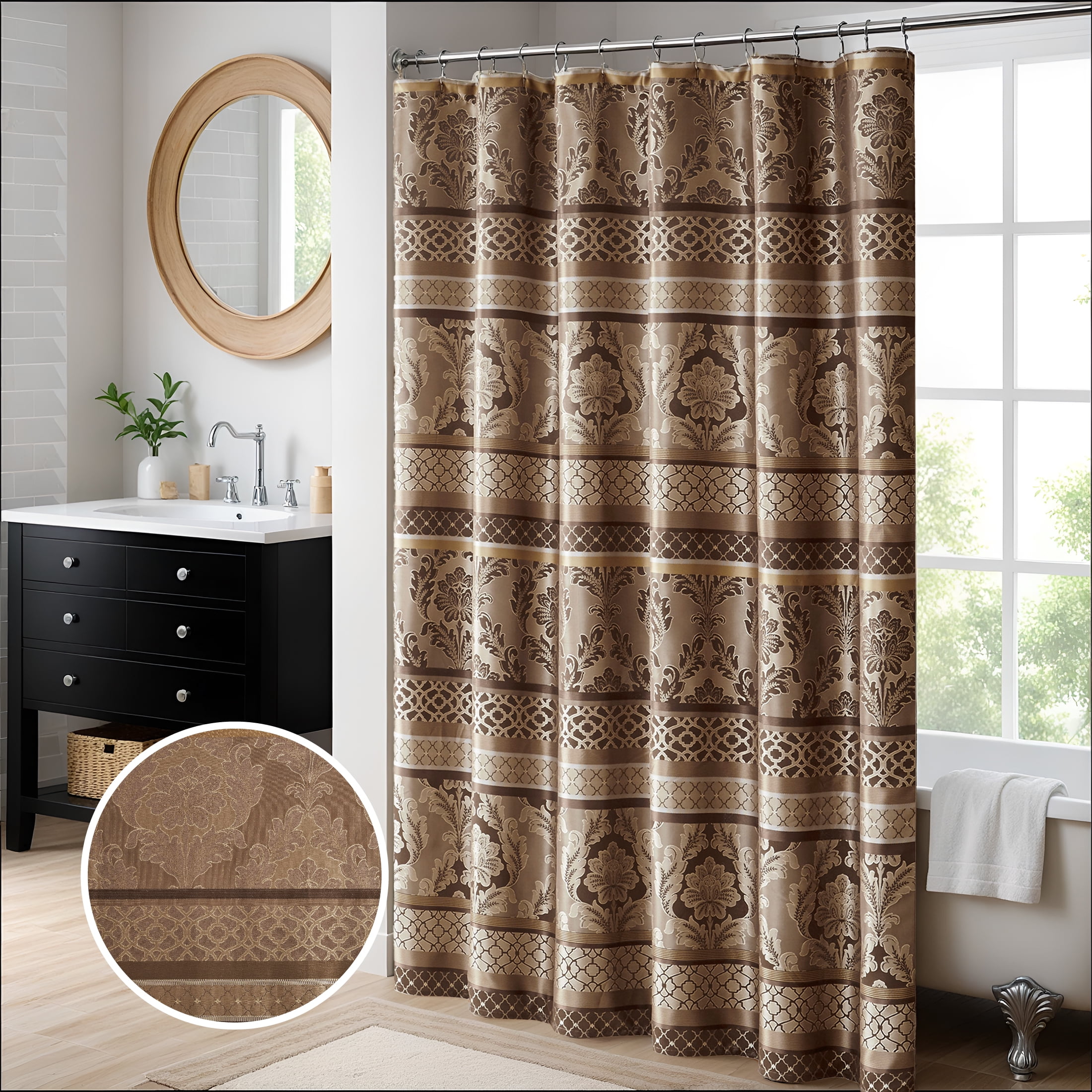 Bellagio Brown Damask Polyester Shower Curtain