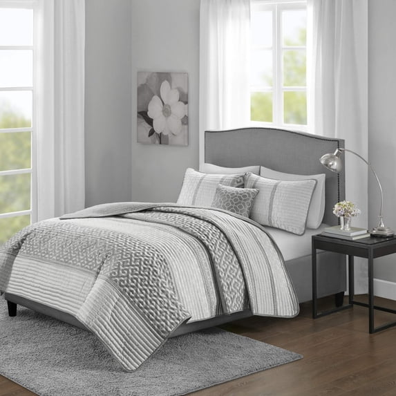 Madison Park Bennett 7-Piece Polyester Jacquard Comforter Set in Gray/Silver