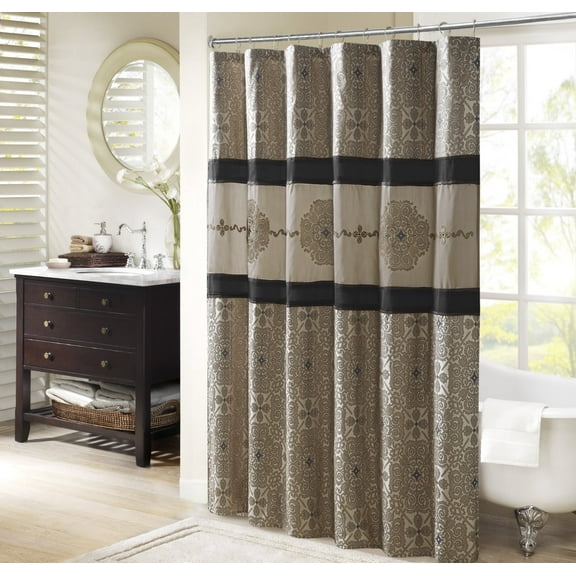 Madison Park Black Shower Curtain, Traditional Embroidered Bath Curtain with 12 Button Holes, Machine Washable 72” X 72” Shower Curtain, Black