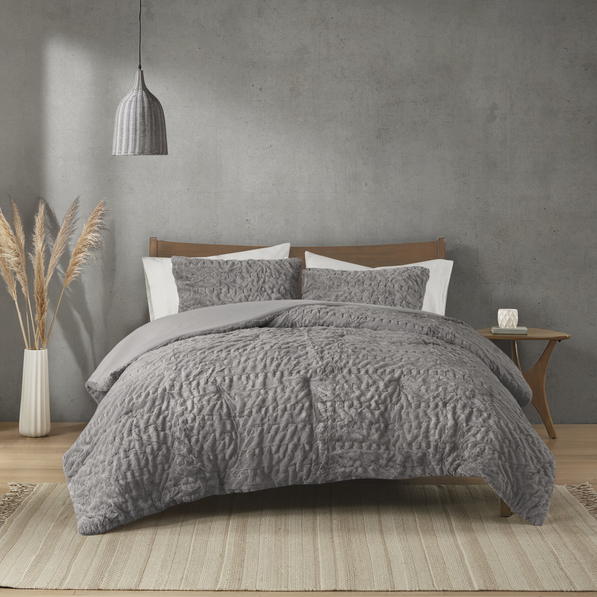 Gray Ruched Faux Fur Down Alternative Comforter Set Full