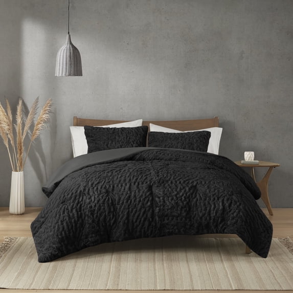 Madison Park Blair King/Cal King Ruched Fur Down Alternative Comforter Set - Black