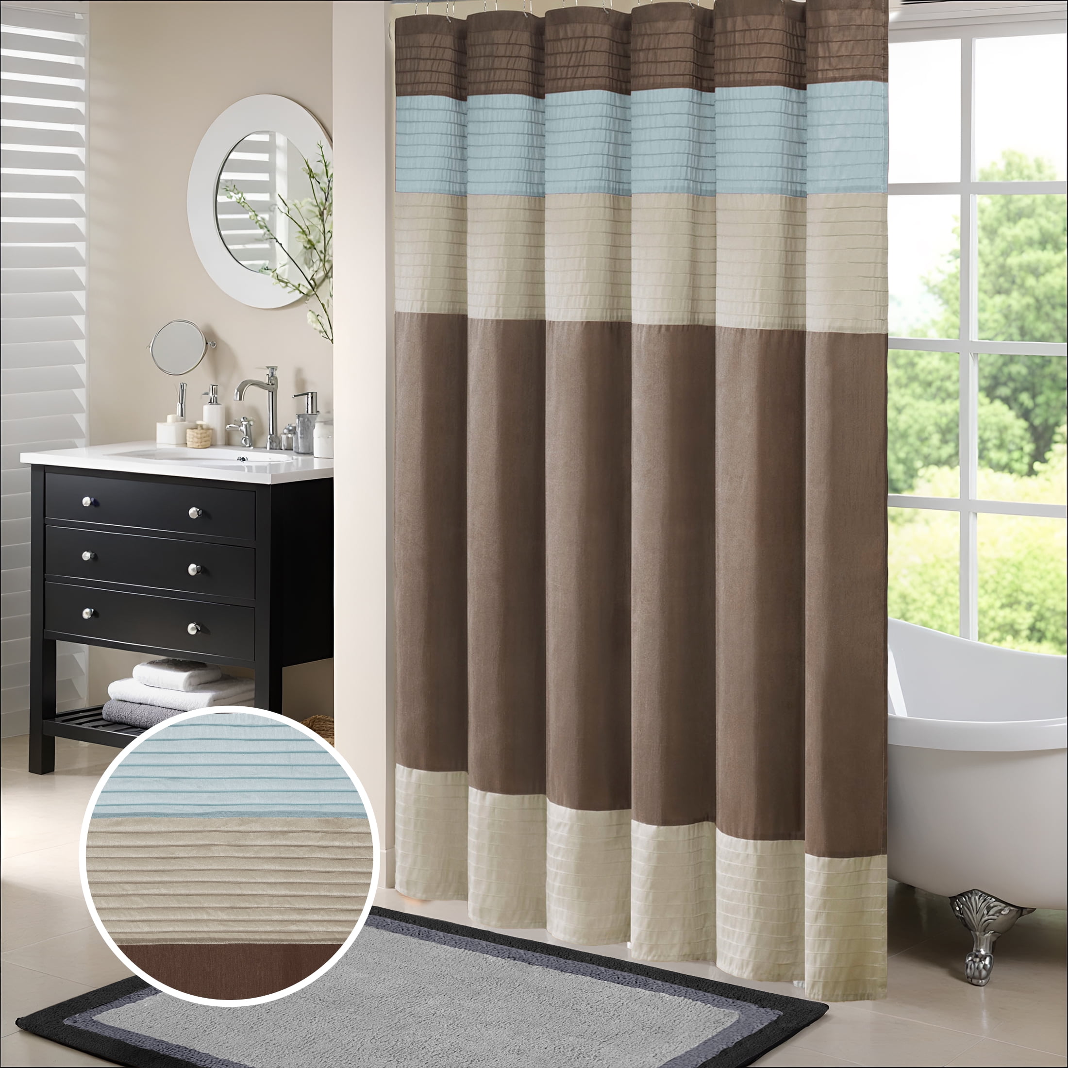 Natural and Trinity Blue Faux Silk Striped Shower Curtain