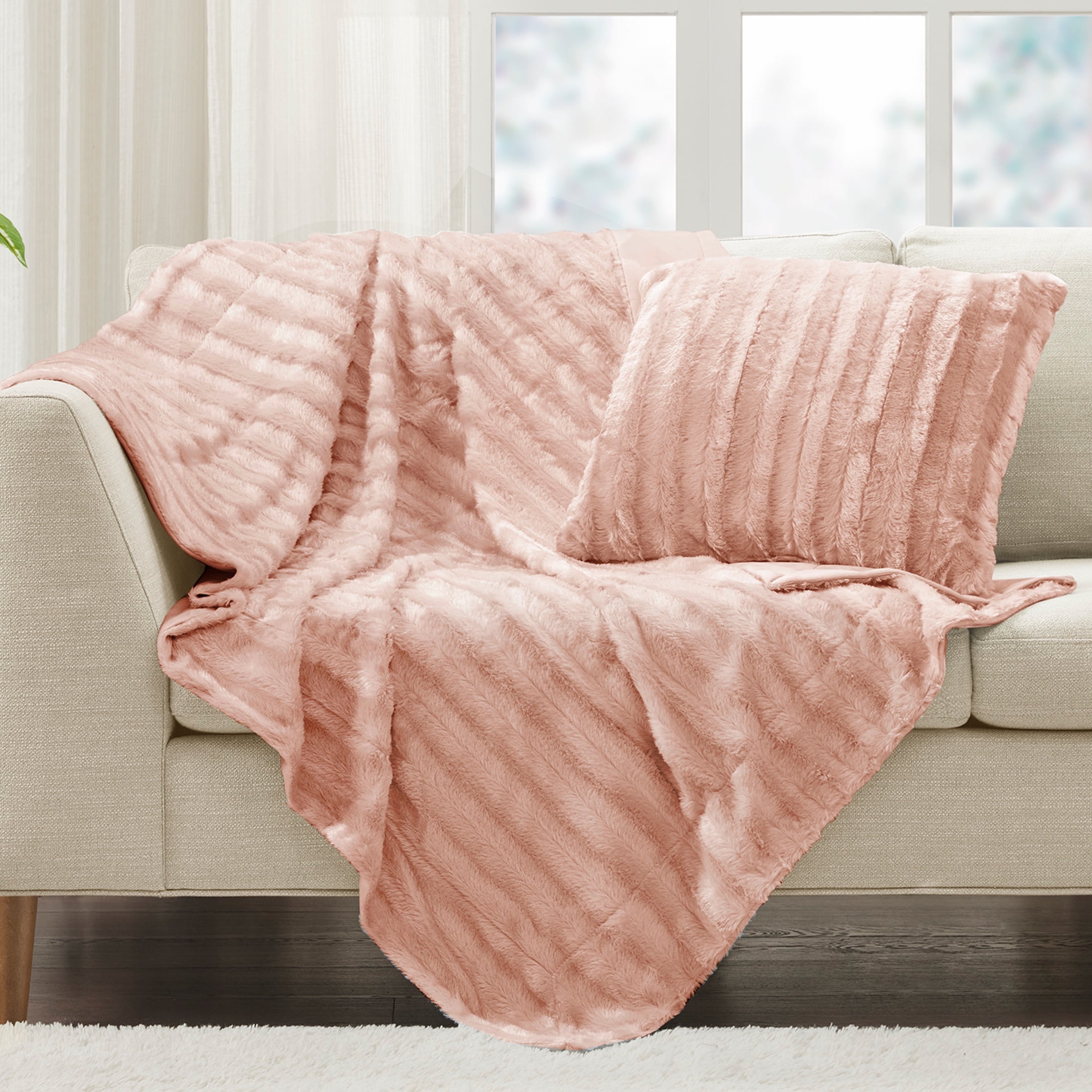 Blush Pink Reversible Faux Fur Throw Blanket 50"x60"