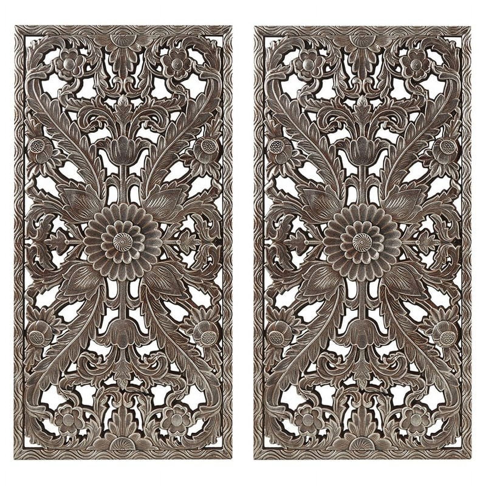 Bronze and Silver Botanical Carved Wood Wall Decor Set, 2-Piece
