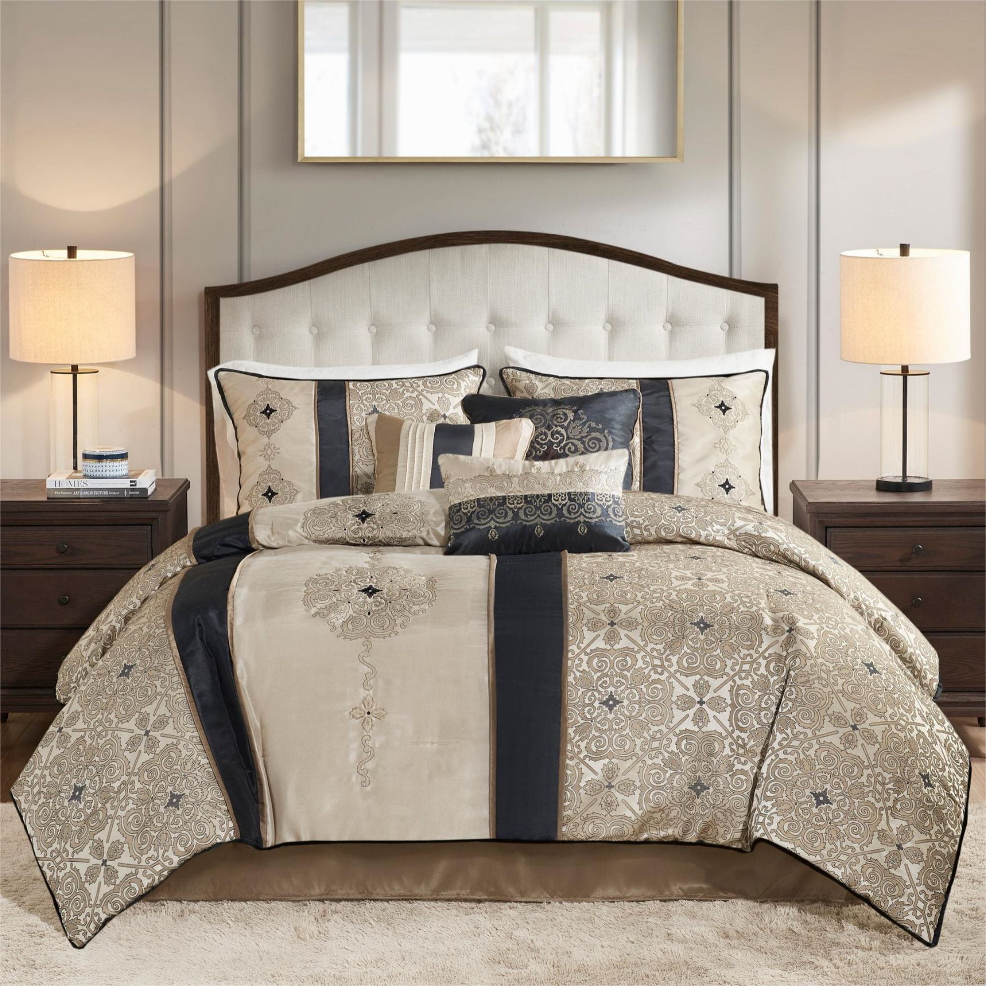 California King Black Jacquard 7-Piece Comforter Set with Embroidered Shams