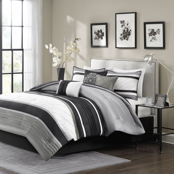 Madison Park Cozy Comforter Set-Luxurious Faux Silk Traditional Pieced Design All Season Down Alternative Bedding with Matching Shams, Decorative Pillow, California King (104 in x 92 in), Blaire Grey