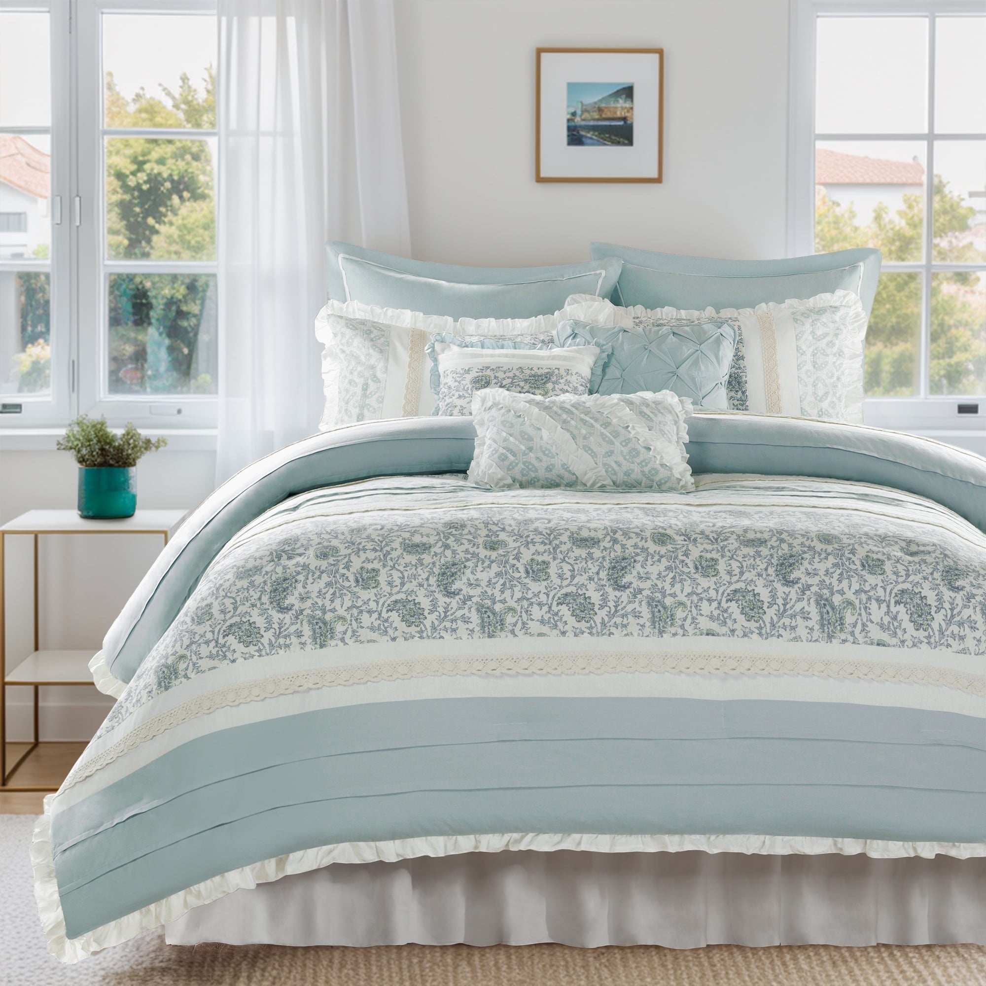 California King Blue Cotton Floral Comforter Set