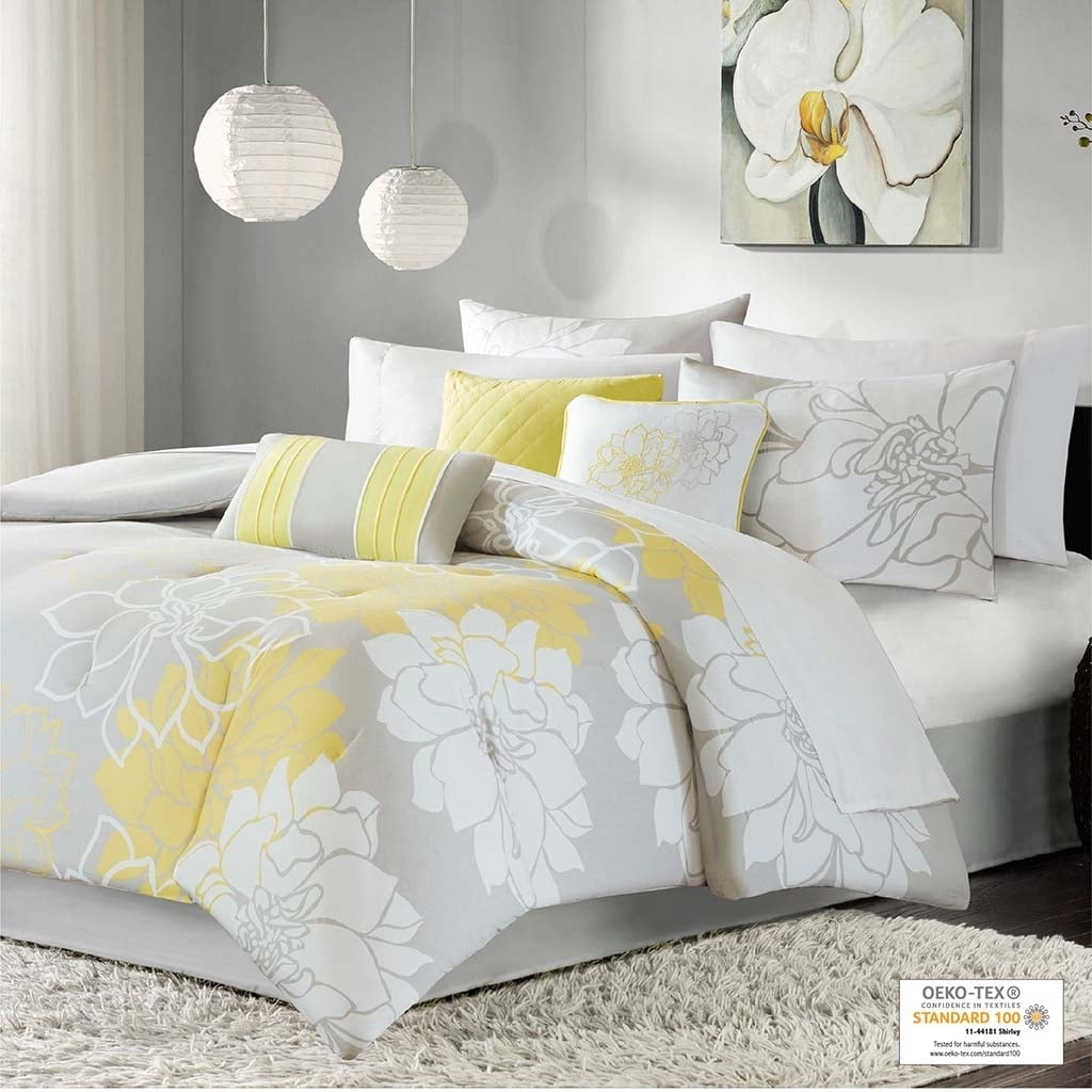 California King Gray and Yellow Floral Cotton Comforter Set