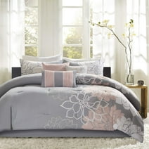 Madison Park Cal King Cotton Sateen Comforter Set 7Pcs Floral Print All Season Bedding Set Gray/Blush