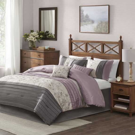 Madison Park Cal King Faux Silk Comforter Set with Decor Pillow and Bed Skirt Embroidered Pieced 7-Piece Bedding Set, Purple