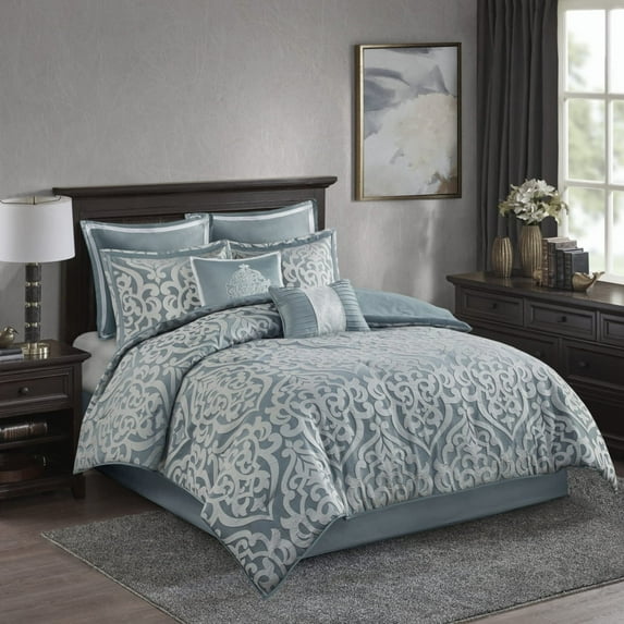 Madison Park Cal King Size 8-Piece Comforter Set, Jacquard Bed in a Bag Set, Bedding Set with Sheets and Decor Pillows, Aqua Blue/Silver
