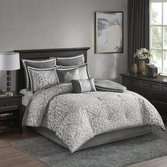 Madison Park Cal King Size 8-Piece Comforter Set, Jacquard Bed in a Bag Set, Bedding Set with Sheets and Decor Pillows, Silver Grey/Ivory