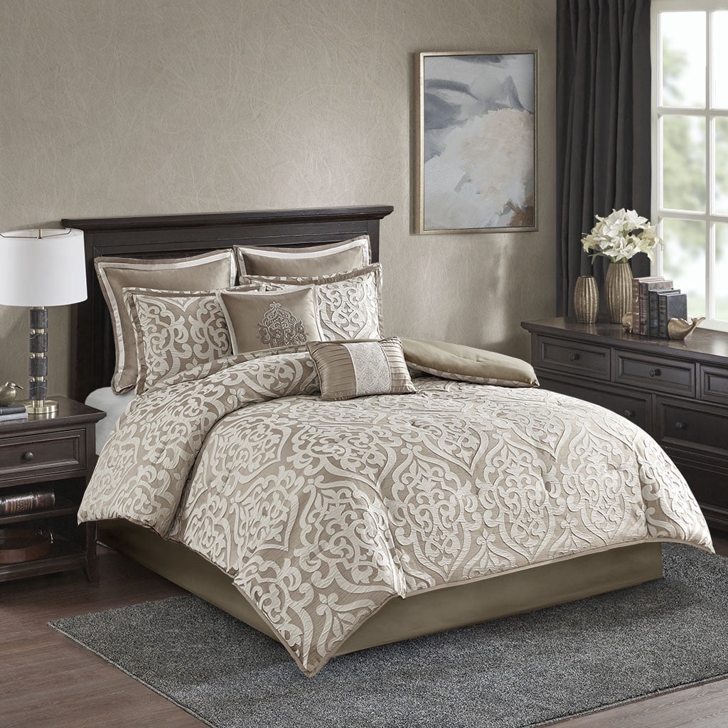 Madison Park Cal King Size 8-Piece Comforter Set, Jacquard Bed in a Bag Set, Bedding Set with Sheets and Decor Pillows, Tan/Ivory