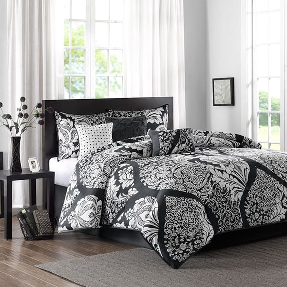 Madison Park Cal King Size 7 Piece Cotton Printed Comforter Set Black,Bed in a Bag,All Season Bed Set,Cozy and Lightweight