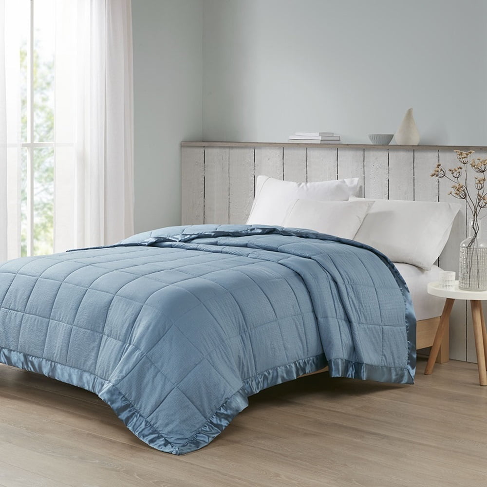 King Slate Blue Quilted Down Alternative Blanket with Satin Trim