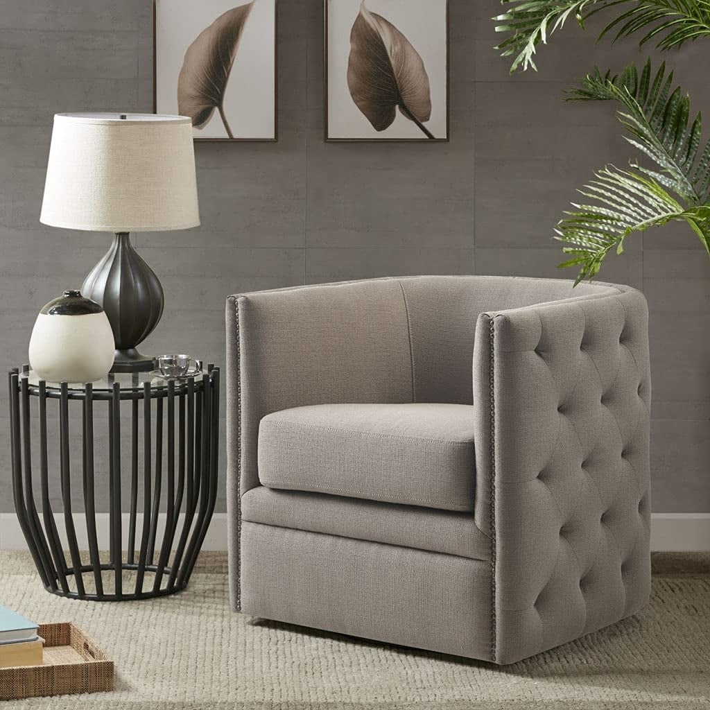 Grayson Barrel Swivel Accent Chair in Gray Leather
