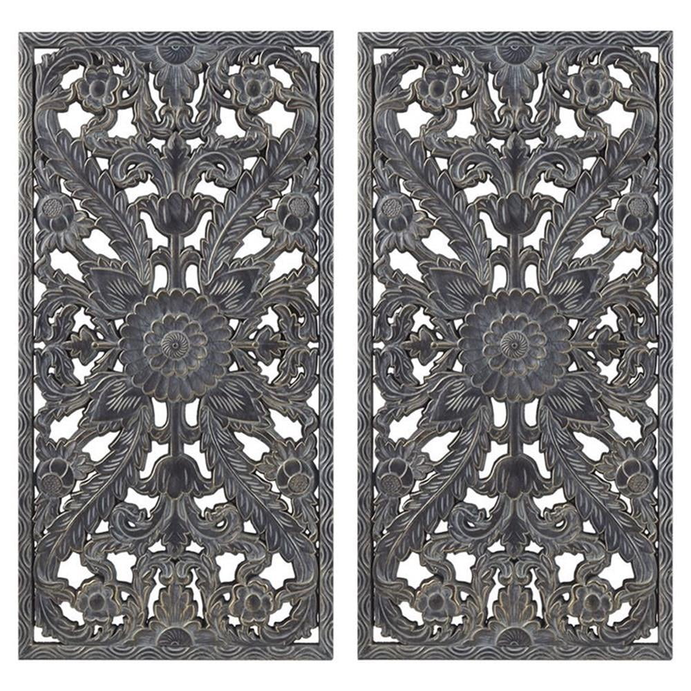 Antique Blue Carved Botanical MDF Wall Panel Set
