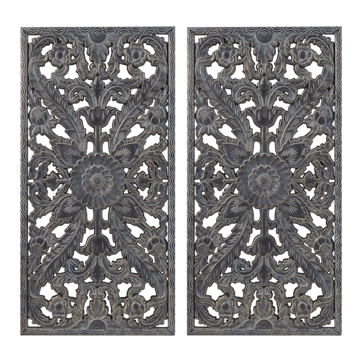 Antique Blue Carved Botanical MDF Wall Panel Set
