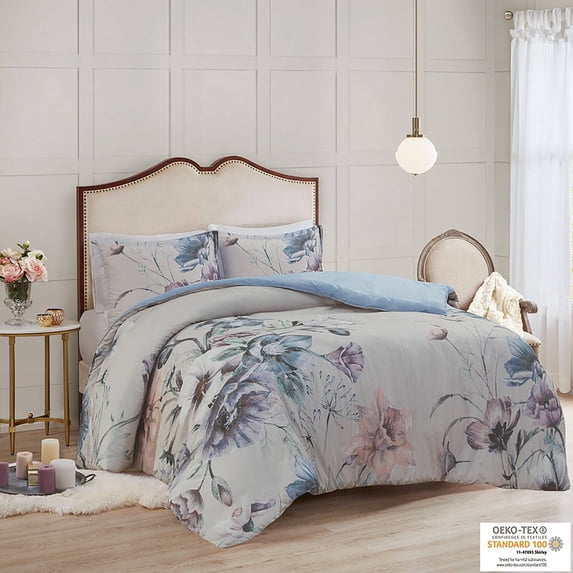 Madison Park Cassandra 3 Piece Full/Queen Cotton Printed Duvet Cover Set Blue