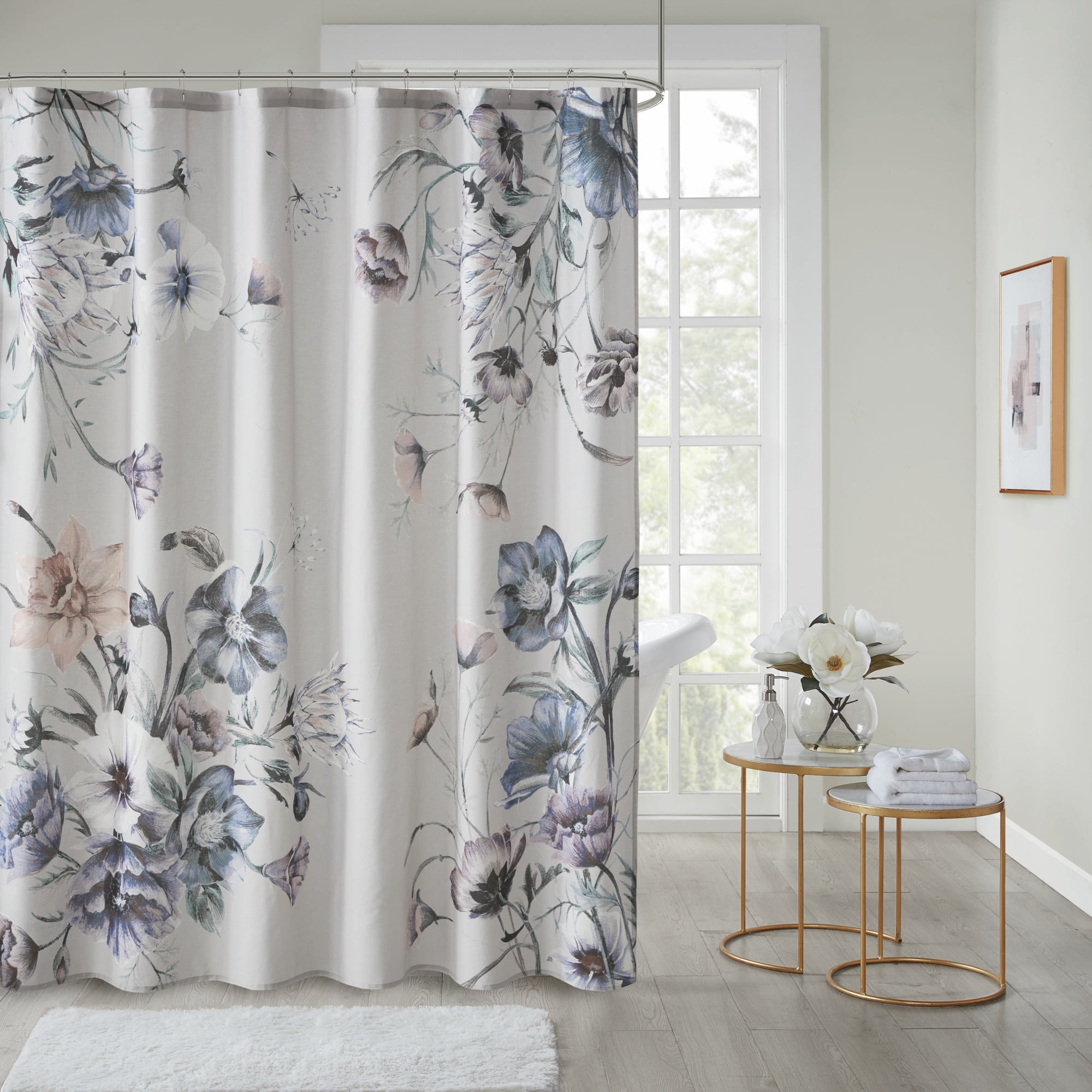 Cassandra Blue Floral Cotton Shower Curtain