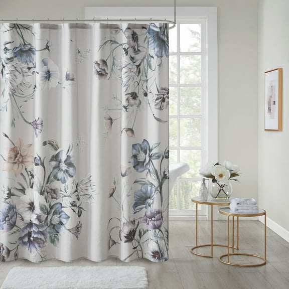 Madison Park Cassandra Printed Shower Curtains, Cotton Bathroom Curtains, Blue, 72” x 72"