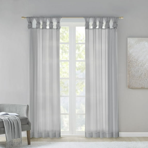Madison Park Ceres Adult Twisted Tab Voile Sheer Curtain Panel Pair Light Grey 50x63 - Indoor Living Room
