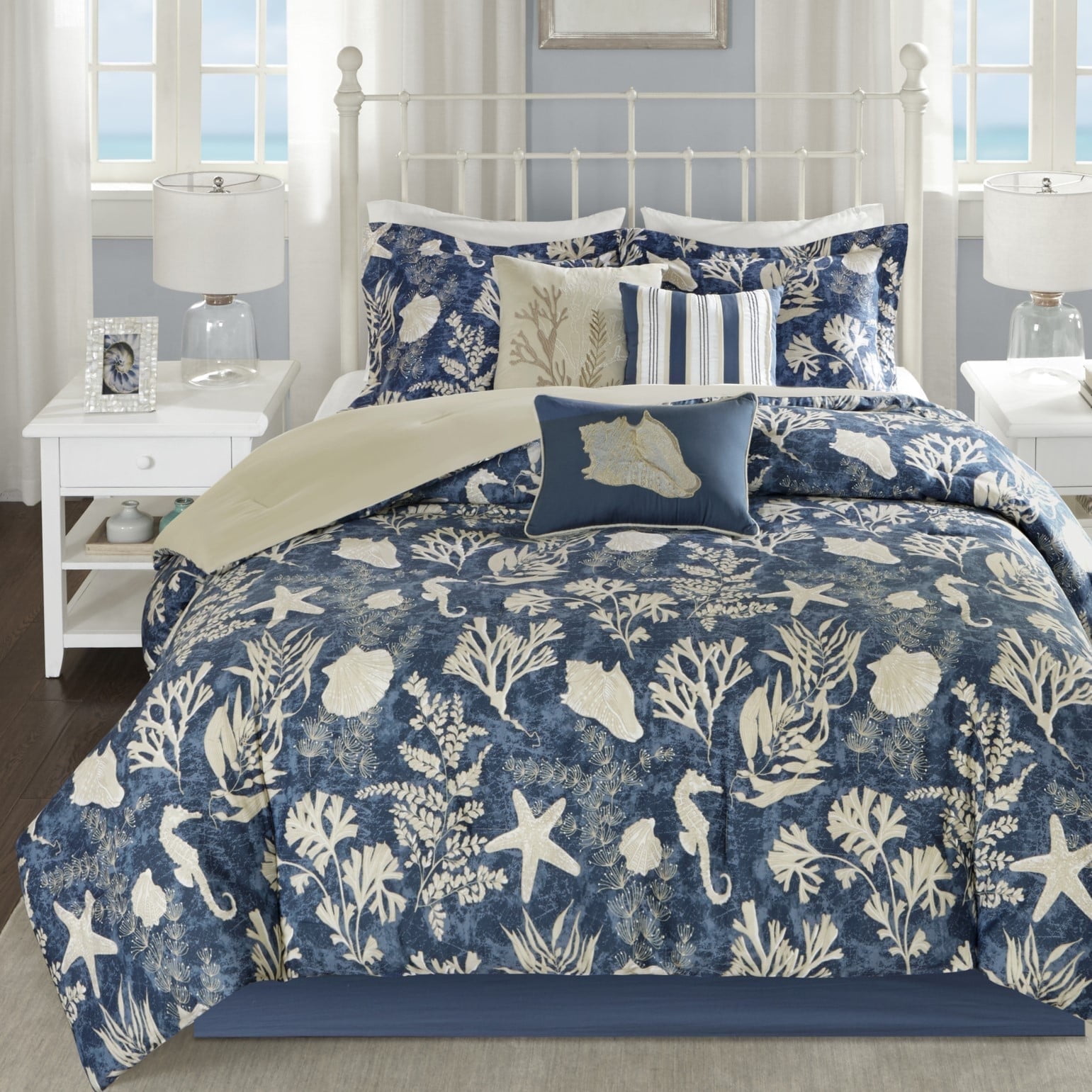 Blue Coastal Cotton Queen Comforter Set with Embroidered Details
