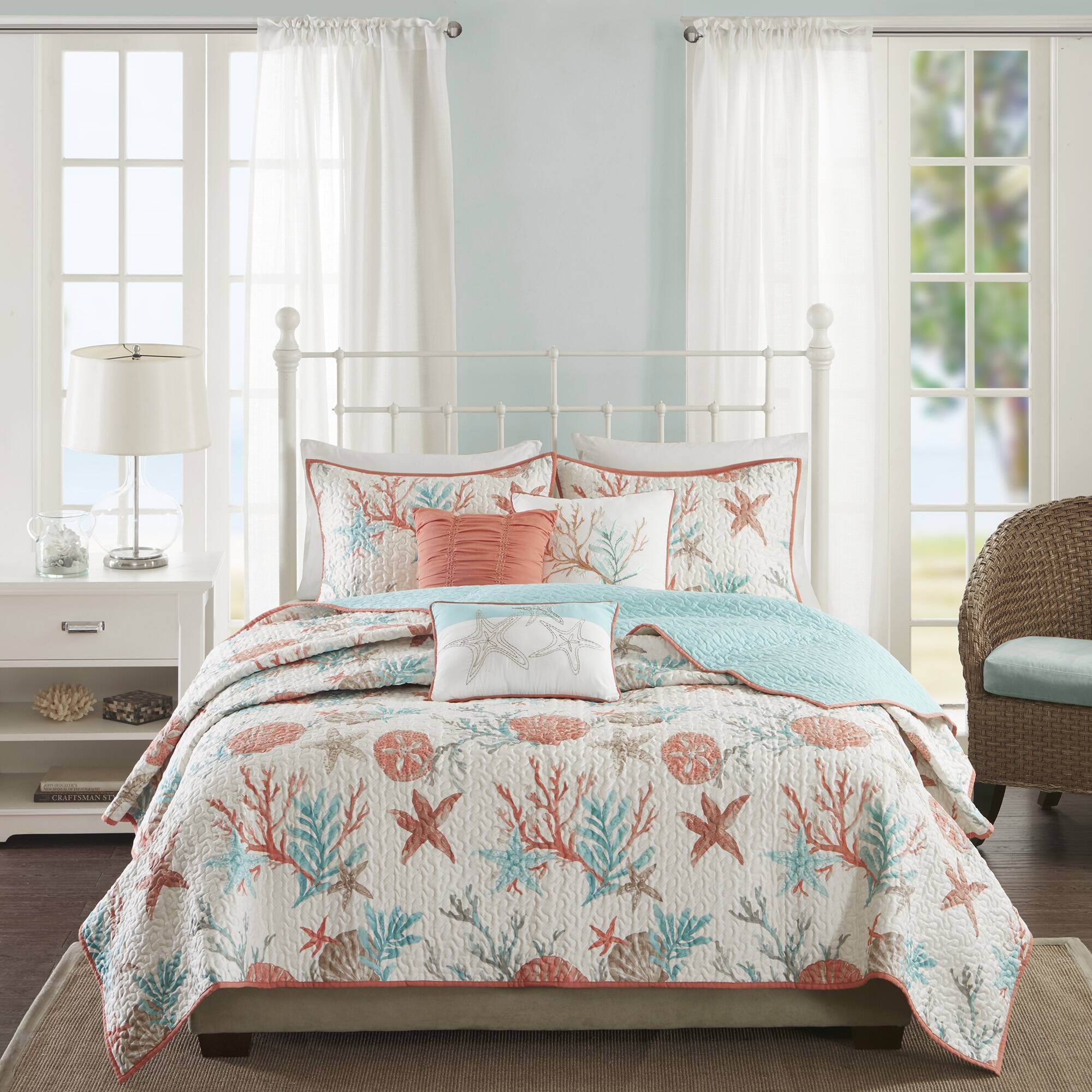 Madison Park Coastal Patterned 6-Piece King/Cal King Reversible Sateen Coverlet Quilt Set, Coral