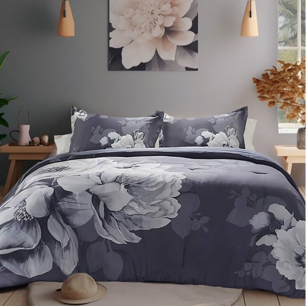 Madison Park Cotton Down Alternative King/Cal King Comforter Set, Navy Floral Print 3Piece