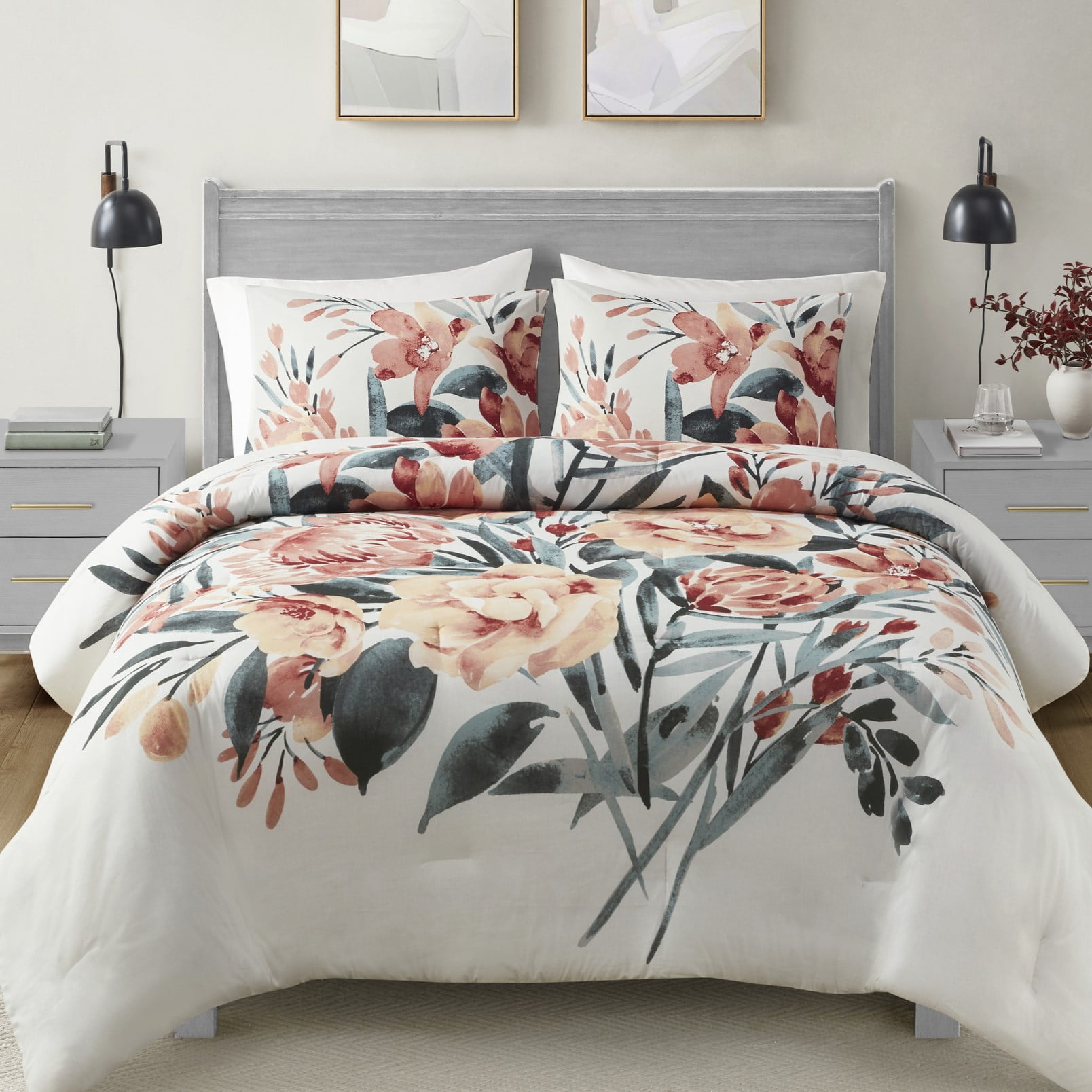 King Red Cotton Floral Comforter Set with Shams