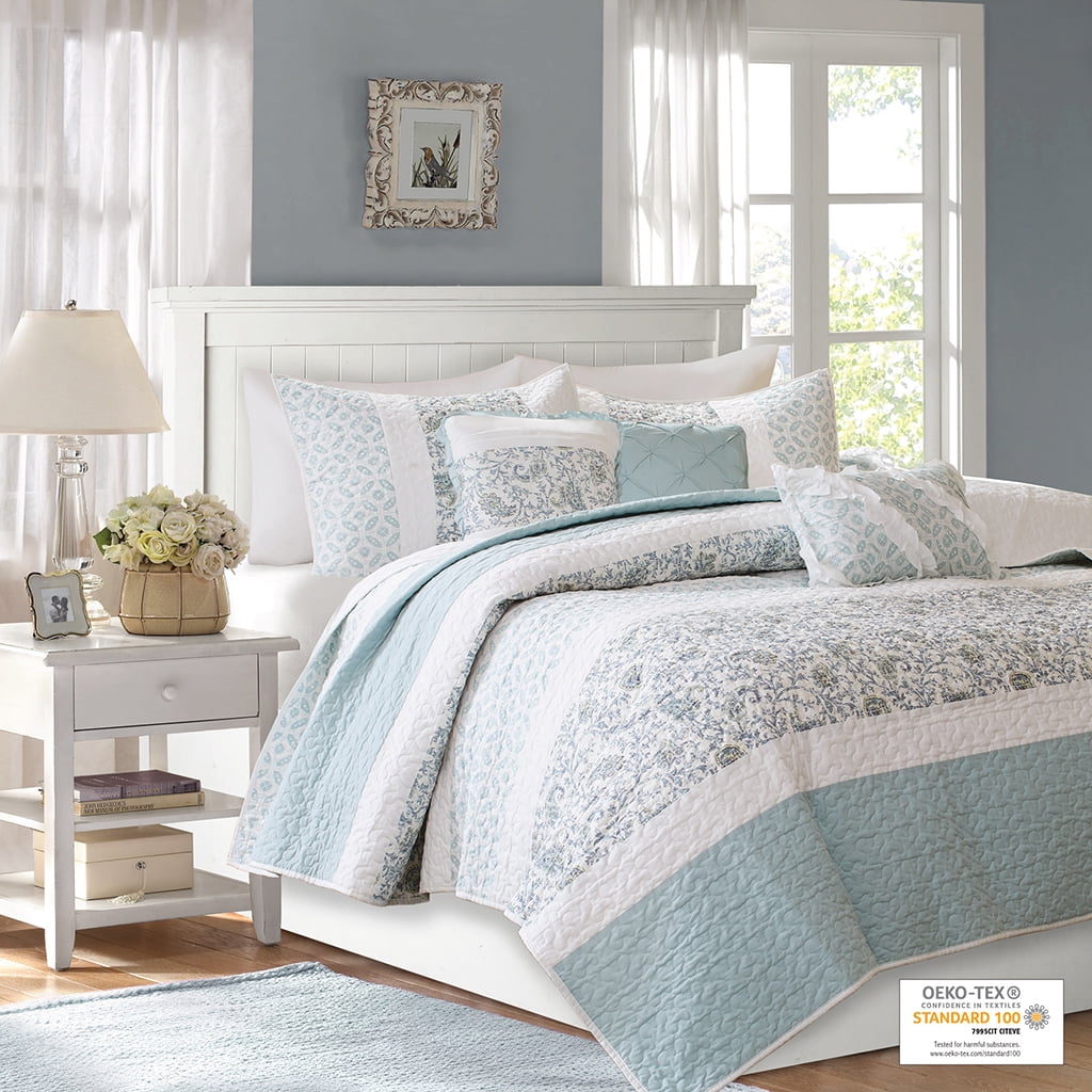 Shabby Chic Blue Paisley Full/Queen Cotton Percale Quilt Set with Decorative Pillows