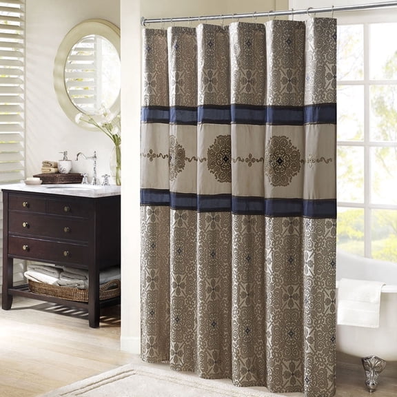 OLLIIX Madison Park Shower Curtain, Donovan Polyester Jacquard Bathroom Curtain, Navy, 72" x 72"