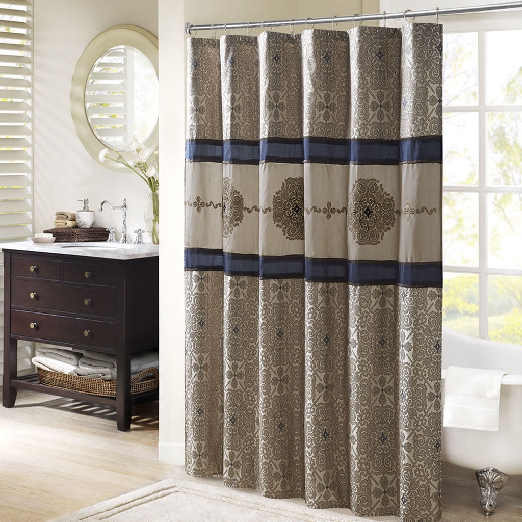 Donovan Navy and Beige Embroidered Fabric Shower Curtain