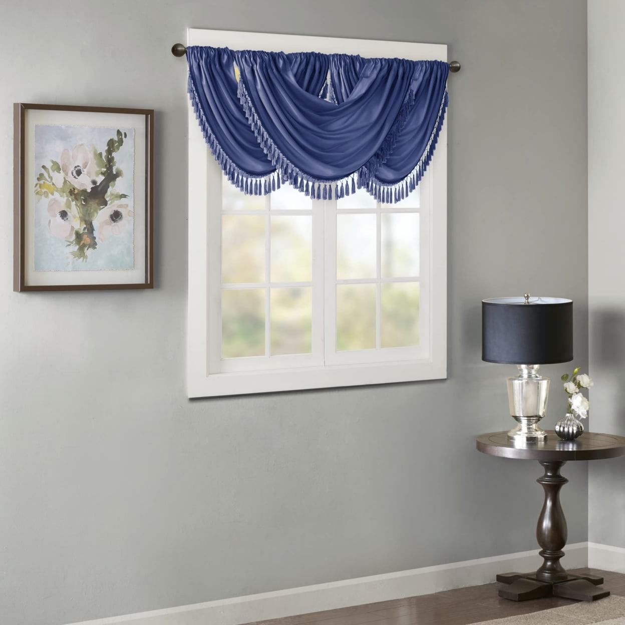 Navy Faux Silk Waterfall Valance with Tassel Trim