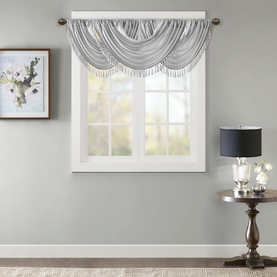 Madison Park Elena Faux Silk Waterfall Embellished Valance, Silver, 38"W x 46"L
