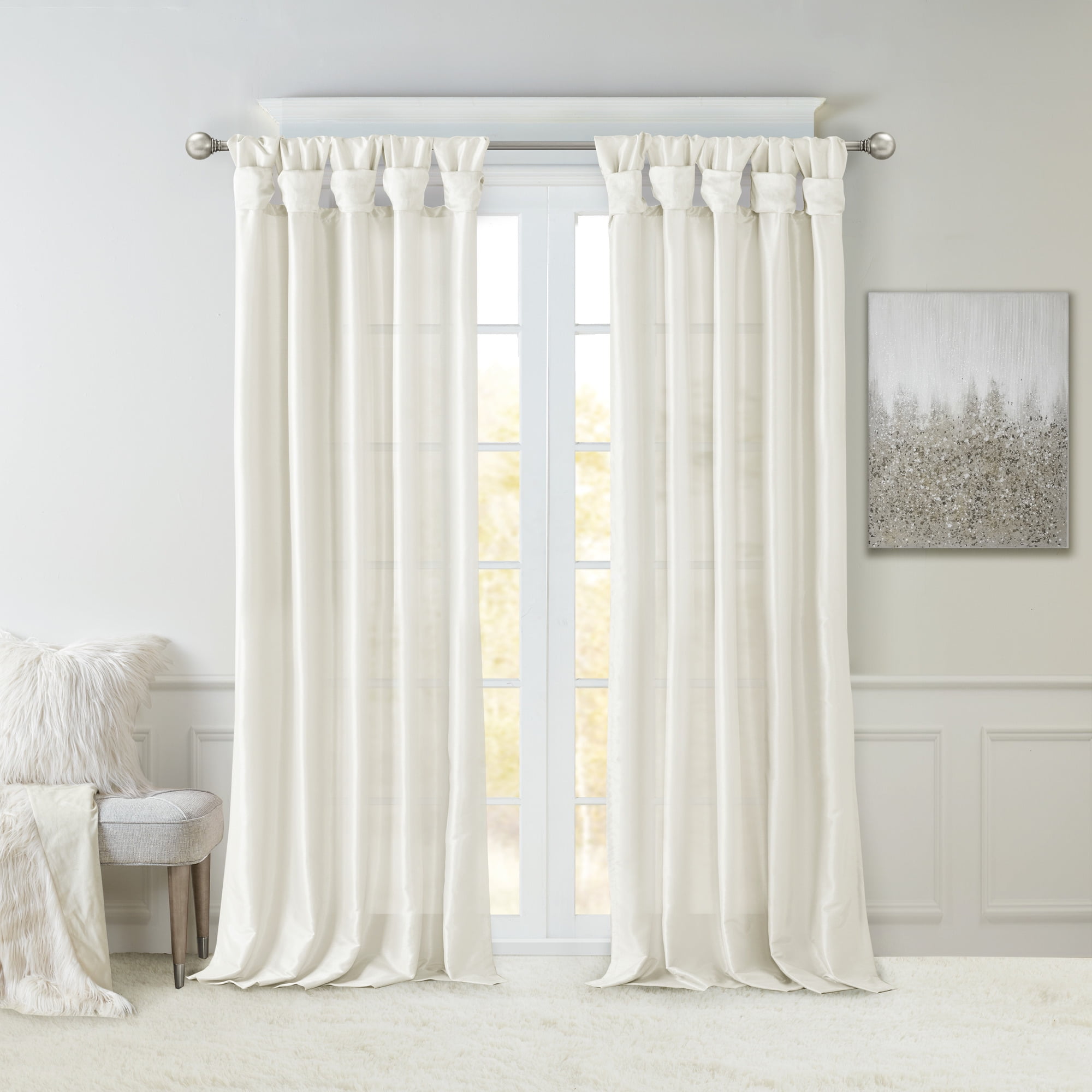 White Faux Silk Tab Top Room-Darkening Curtain Panels, 50"x84"