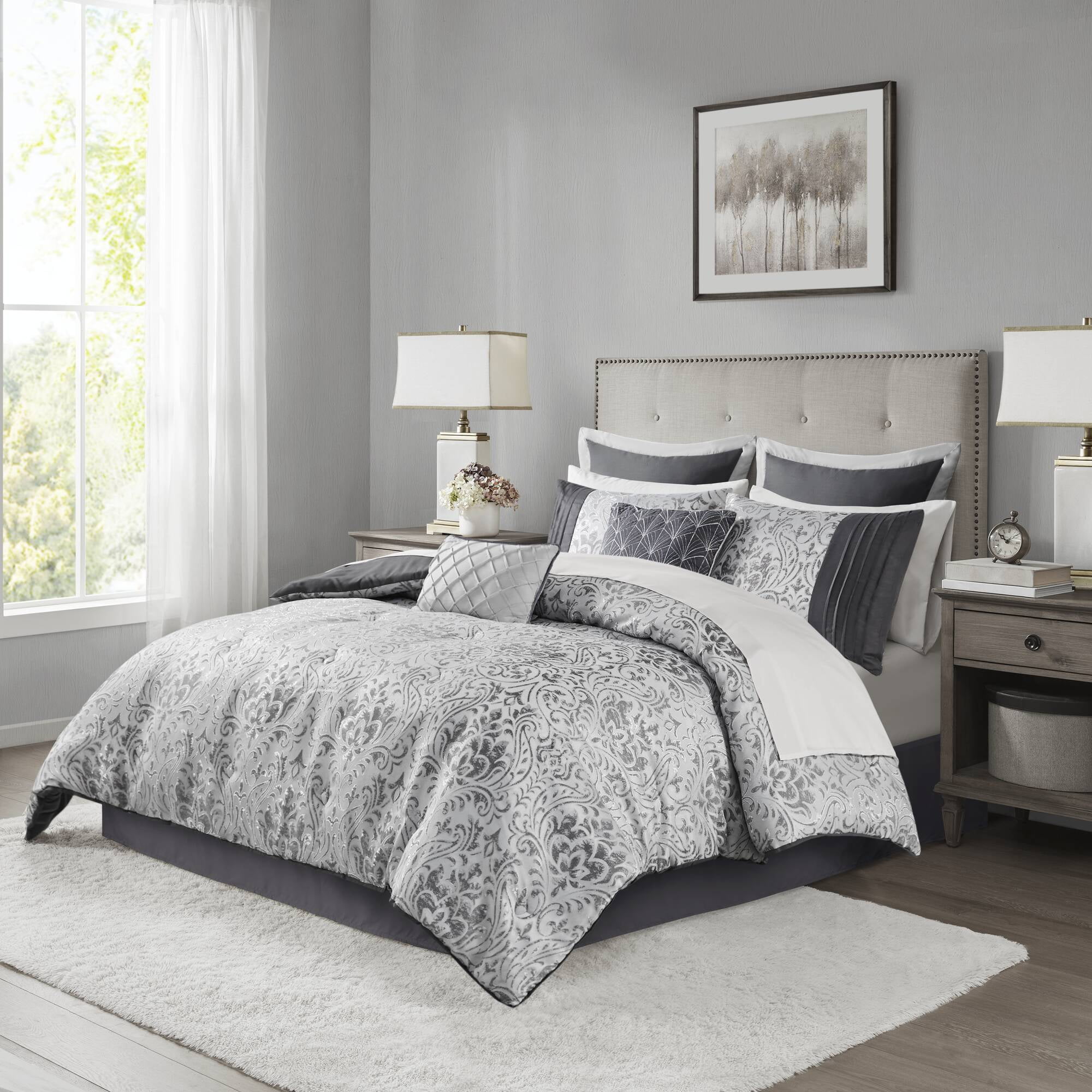 Silver Jacquard Queen Bed in a Bag Set with Microfiber Sheets