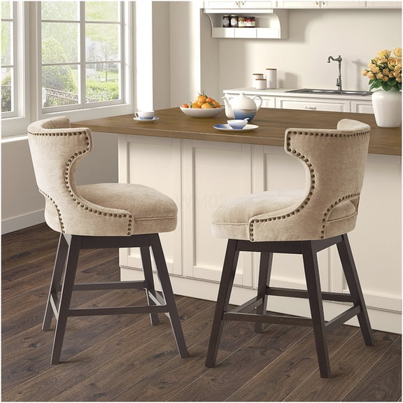 Madison Park Emmett 25.75-inch Beige Fabric Swivel Counter Stool with Bronze Accents