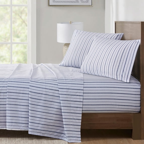 Madison Park Essentials 100% Cotton Sheets, Breathable&Soft Cotton Bed Sheets, Printed Design, Elastic Pocket Cotton Sheet Set Fits Up to 17" Mattress, All Season, King Blue Stripes 4 Piece