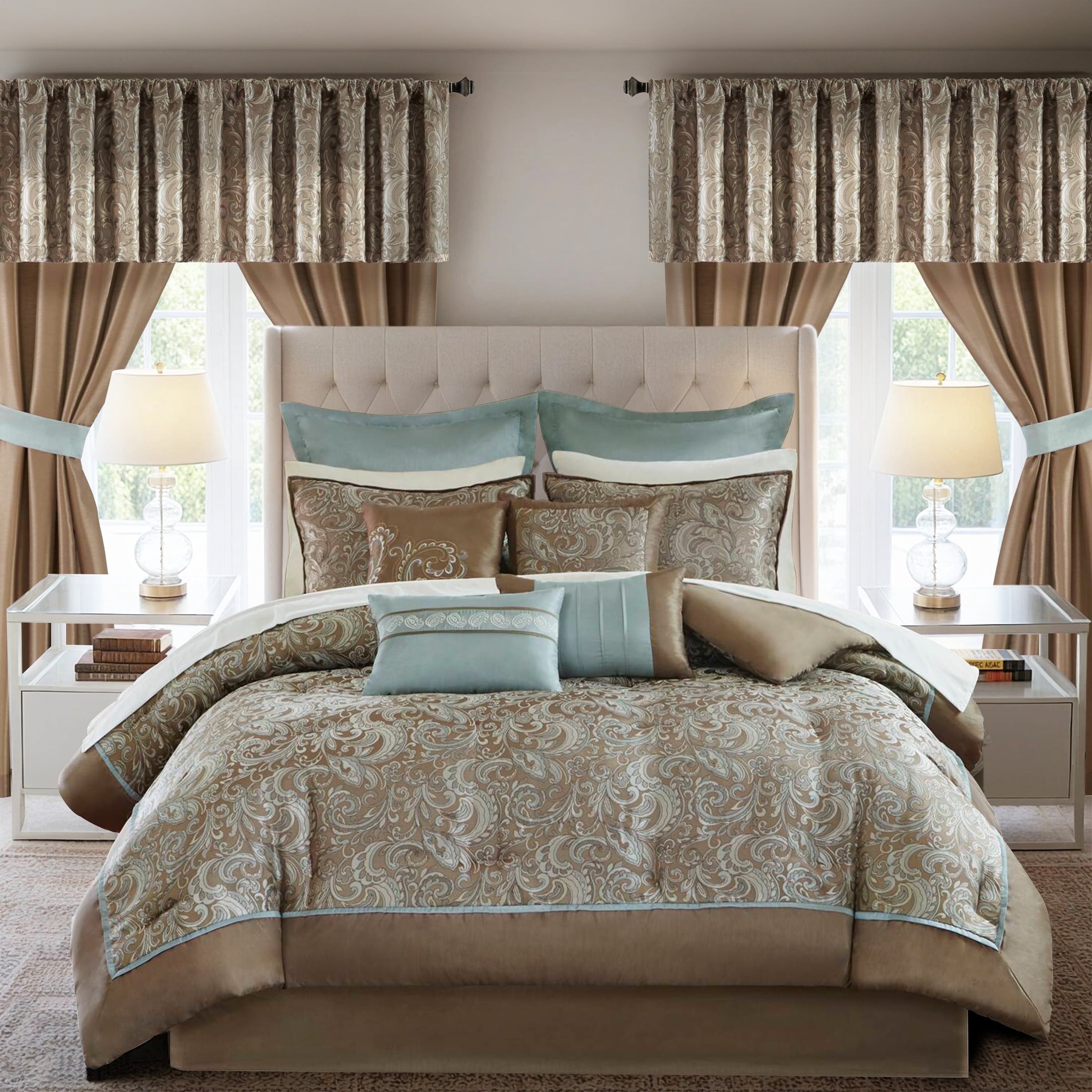 Regency Heights 24PCs Traditional Paisley Jacquard Comforter Set with Window Curtains,Room in a Bag,Queen,24 Pieces-Blue