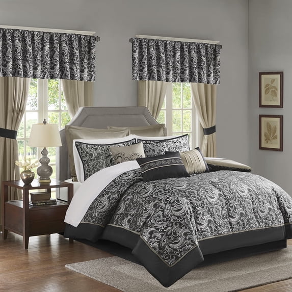 Regency Heights 24PCs Traditional Paisley Jacquard Comforter Set with Window Curtains,Room in a Bag,Queen,24 Pieces-Black
