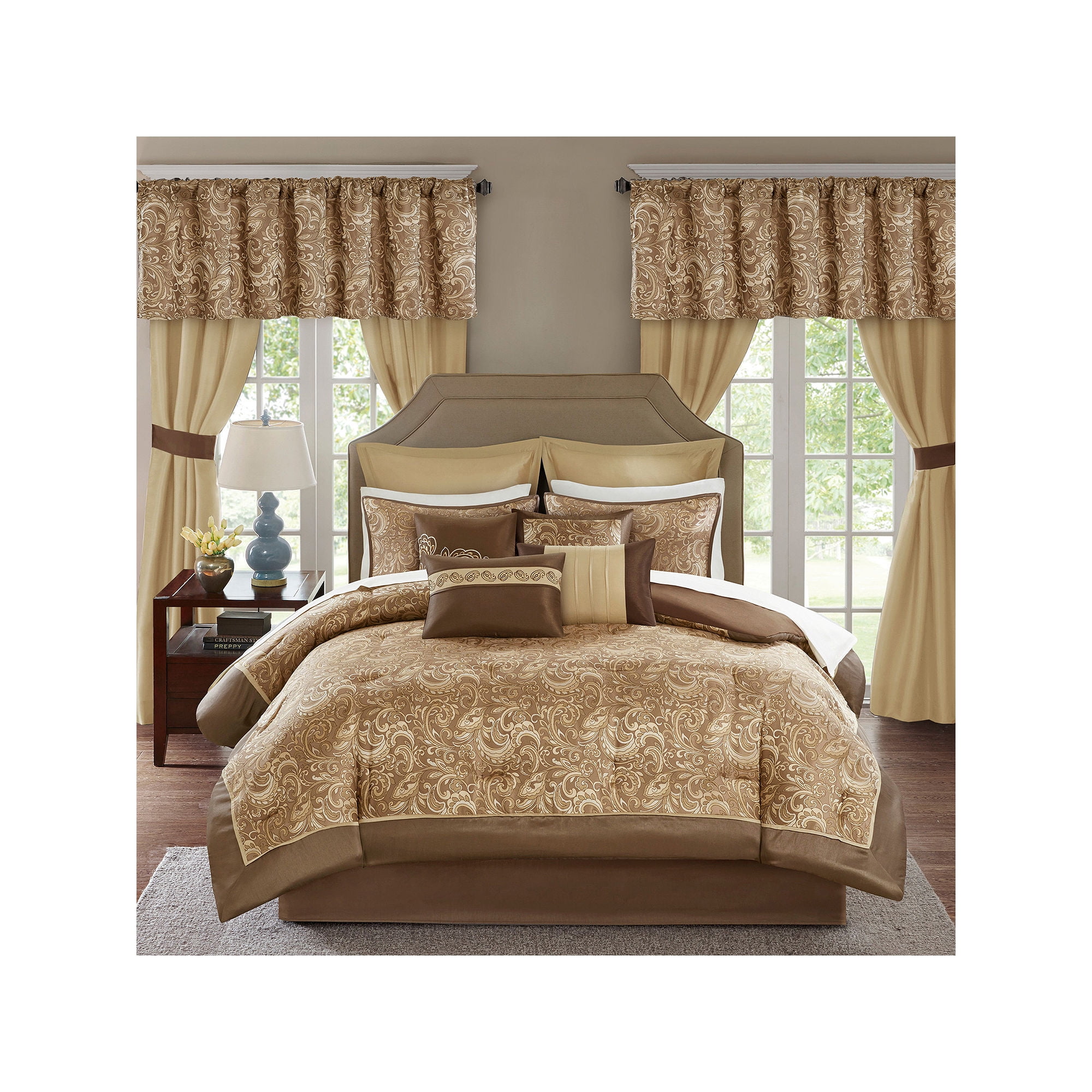 California King Brown Microfiber Paisley Comforter Set with Curtains