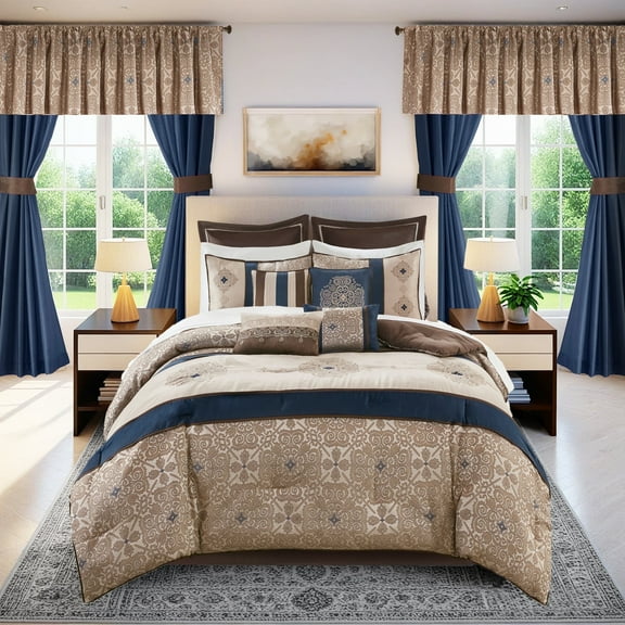 Regency Heights 24PCs Jacquard Comforter Set with Window Curtains, Moroccan-Inspired Bed in a Bag, Queen,2-Navy